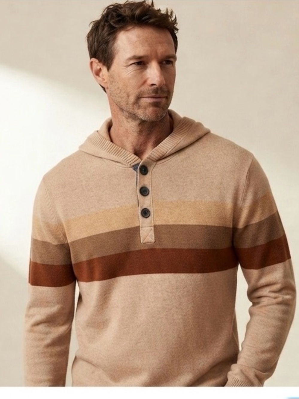 Men's Striped Hooded Zip-Up Sweater - Tan and Brown#95%cotton#5%cashemere